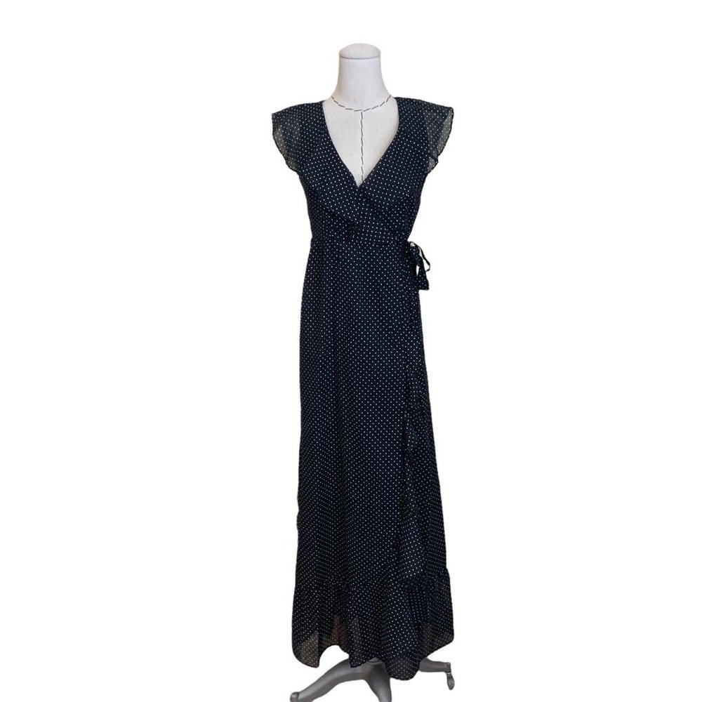 Vintage 70s Roberta Black Polka Dot Maxi Wrap Dress Ruffles Open Back Hostess M